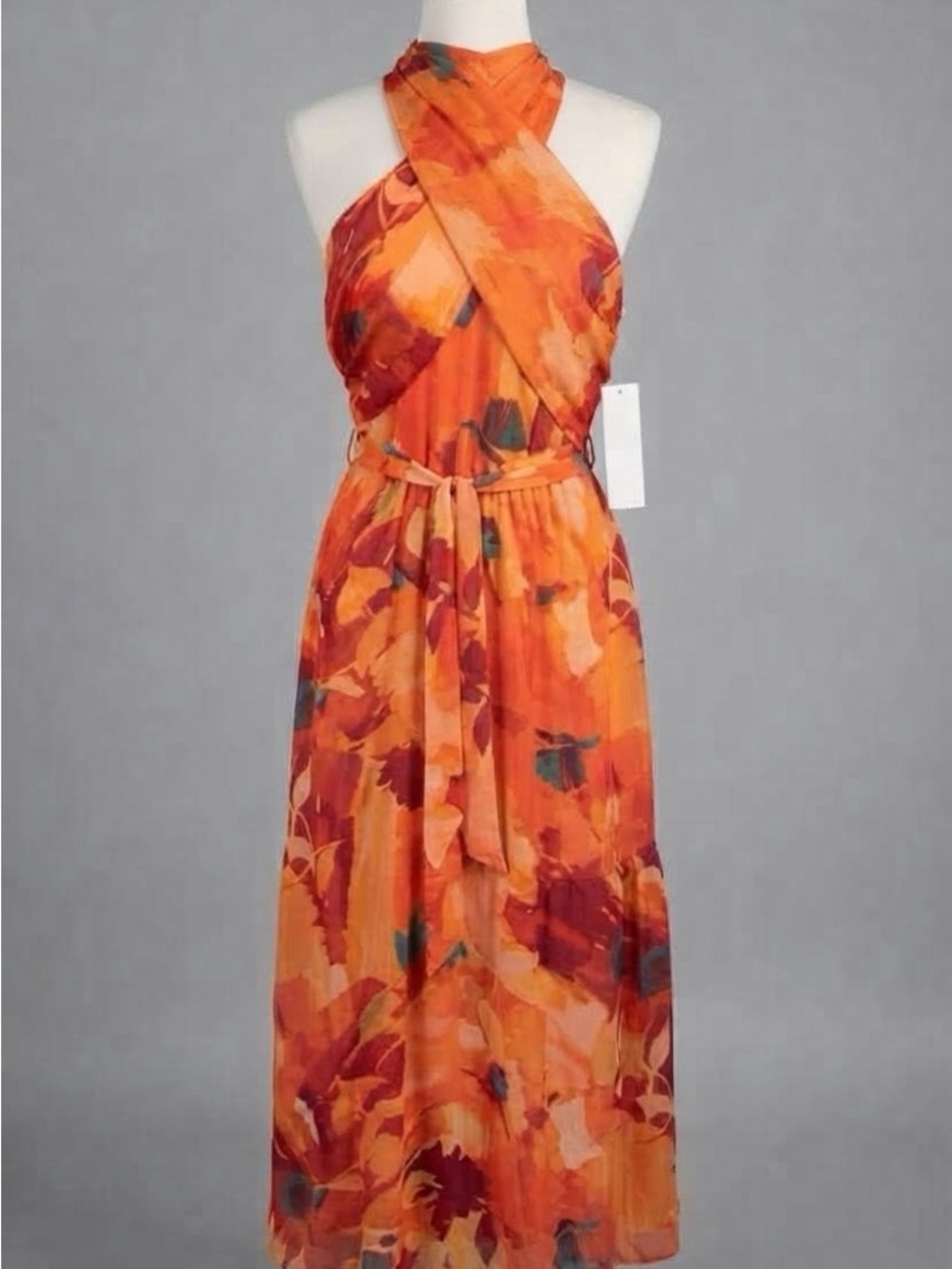 London Times Orange Floral Crisscross Halter Maxi Dress